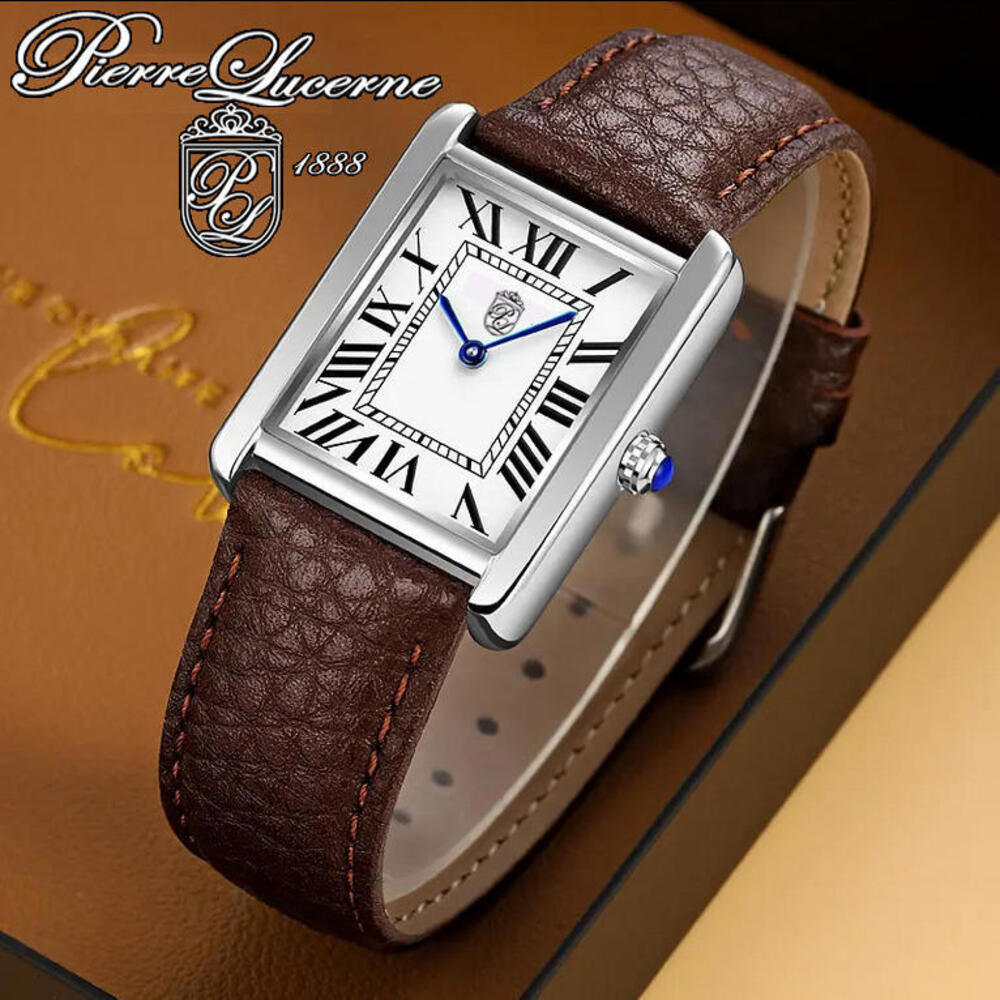 Mens Pierre Lucerne Brown Leather White Dial Tank Watch‎